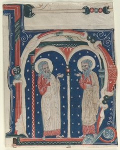 Historikerad initial H Utskuren från ett antifonarium: SS. Eremiten Paul och Antonius, c1200-1230. av Unbekannt