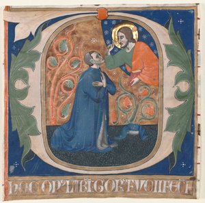Historikerad initial O Utskuren från ett antifonarium: The Donor, Gorus Fucci, Kneels before Christ, c av Unbekannt