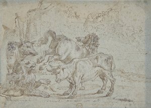 Häst, tjur, lejon och vildsvin, 1600-talet. av Unbekannt