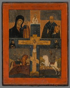Ikonkorsfästelse med Kazans moder, St Nicholas, St. George och Dimitri av Unbekannt