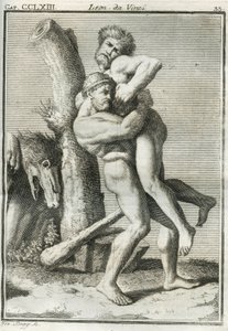 Den florentinska målaren använder bilden av Herkules (herakles) som håller Antaeus i en dödlig famn, som inte längre är oövervinnerlig när han lyfts upp från marken, för att studera människofiguren samtidigt som han stöder en vikt. Gravyr från "" Treat of  av Unbekannt