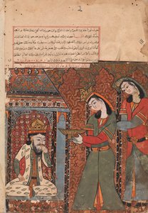 Ilar eller Irakht på väg att kasta risskålen på kungen, Folio från en Kalila wa Dimna, 1700-talet av Unbekannt