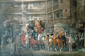 Värdshusgård med postbuss som förbereder sig för att lämna, c1840 av Unbekannt