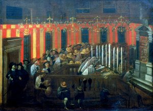 Interiör av en synagoga under bön av Unbekannt