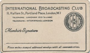 International Broadcasting Club: Medlemskort, c1930-talet av Unbekannt