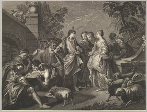 Jakob anländer till Mesopotamien, 1700-talet. av Unbekannt