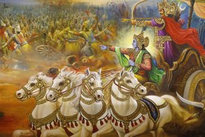 Jalaram Prathanna Hindu Temple, Leicester. Fresk. Krishna, vagnföraren som guidar Arjuna på slagfältet i Kurukshetra. Storbritannien av Unbekannt