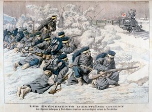 Japansk attack på ett sjukhuståg nära Port Arthur, Manchuriet, rysk-japanska kriget, 1904 av Unbekannt