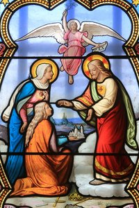 Jesus Kristus och Jungfru Maria. Fönster i målat glas. Vår Fru av la Salettes helgedom, La Salette-Fallavaux, Frankrike av Unbekannt