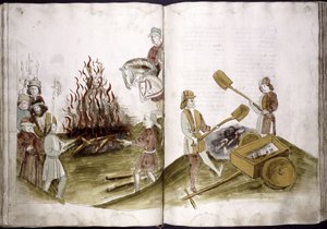John Hus bränns på bål 6 juli 1415 och hans aska kastas i Rhen från: Ulrich Richental Chronicle of the Coun, 1414-1418 av Unbekannt
