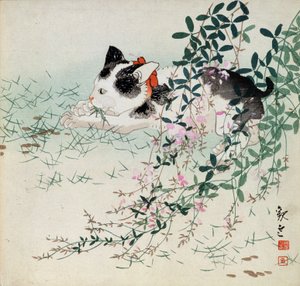 Kattunge i gräs och lövblommor - japanskt tryck av Unbekannt