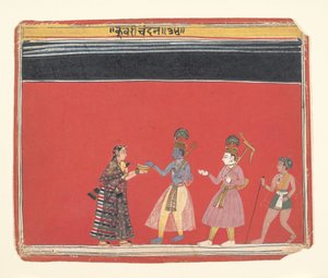 Krishna accepterar ett erbjudande från den puckelryggiga kvinnan Trivakra..., ca. 1650. av Unbekannt