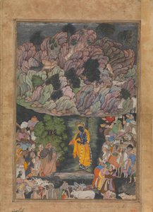 Krishna håller upp Mount Govardhan för att skydda byborna i Braj, Folio från..., ca. 1590-95. av Unbekannt