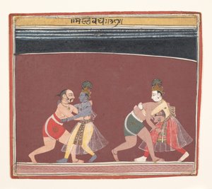 Krishna och Balarama slåss mot den onda kungen Kamsas brottare..., ca. 1650. av Unbekannt