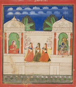 Krishna och Radha i två paviljonger, 1800-talet av Unbekannt