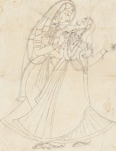 Krishna klädd som en kvinna Embracing Radha, 1800-talet. av Unbekannt