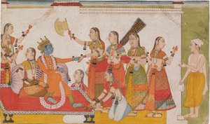 Krishna välkomnar Sudama, från Bhagavata Purna, ca. 1700. av Unbekannt