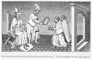 Kublai Khan ger en gyllene tablett som säkerställer säker passage till Niccolo och Maffeo Polo (gravyr) av Unbekannt