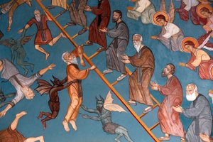 Kykkos kloster, Cypern. The Ladder of Divine Ascent med de goda till höger och de dåliga till vänster, 20150510, Pedoulas, Cypern av Unbekannt
