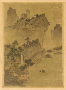 Landskap: klippor som hänger över vatten - paviljong och tallar, möjligen Mingdynastin, 1368-1644. av Unbekannt