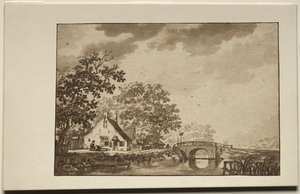 Landskap med stuga och bro, 1700-tal. av Unbekannt