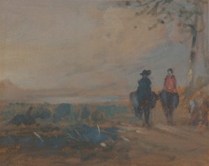 Landskap med sjö och två figurer som rider, ca. 1820. av Unbekannt