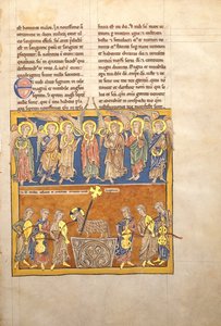 Blad från ett Beatus-manuskript: Sju änglar håller de sju sista plågornas bägare..., ca. 1180. av Unbekannt