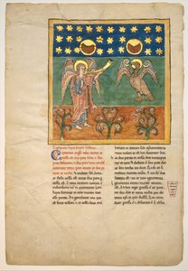 Blad från ett Beatus-manuskript: den fjärde ängeln låter trumpeten och en örn..., ca. 1180. av Unbekannt
