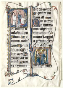 Blad från ett missal med två historiska initialer: Initial P[er omnia centuries saeculi]..., ca. 1300 av Unbekannt
