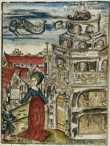 De fria konsterna, grammatik: Nicostrata (kallad Carmenta), håller en hornbok, undervisningsmanual (här en alfabetsbok) och en nyckel, öppnar dörren till lärdomstornet för ett barn av Unbekannt