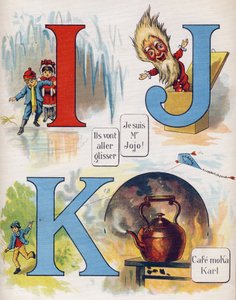 Bokstav I, J och K: De ska glida, jag är herr Jojo och caféet Moka Karl. Gravyr i "ABC L