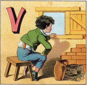 Bokstaven V som vasistas. Nyfiket barn tittar ut genom ett fönster. Gravyr i "Alphabet des petits ecoliers". Avbildning av Epinal, cirka 1885. Privee Collection av Unbekannt
