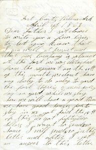 Brev undertecknat David T. Massey, Fort Curtis, Helena, Ark., till sin far (Nathan Massey), 21 april 1863 av Unbekannt