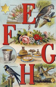 Bokstäverna E F G H; Svälja; Fläkt; Blommor; Kakor; Kopp; Hachette; Svälja. Gravyr i "Alphabet de ma petite fille". Bernardin-Bechet och Fils, bokhandlare-förlag, Paris, omkring 1895. Okrossbart album på duk. Bibliotheque des Bebes. 12 sidor. Album co av Unbekannt