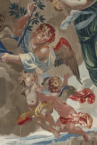 Jungfruns liv: "Jungfruns kröning"" (Jungfruns kröning) Detalj av änglar Gobeläng av ull och siden tillverkad i Pierre Damours verkstad efter teckningar av Charles Poerson (1609-1667) av Unbekannt