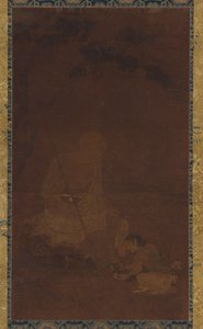 Lohan sittande, en skötare på knä framför honom, Yuan eller Mingdynastin, 1279-1644. av Unbekannt