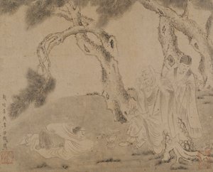 Luohan, skötare och tillbedjare under tallar, Yuan- eller Mingdynastin, 1279-1644. av Unbekannt