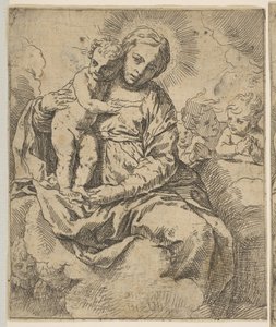 Madonna och barn sittande på moln och omgivna av änglar, kopiera omvänt a..., ca.1639 eller senare. av Unbekannt