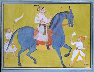 Maharaja Pratap Singh från Sawar rider, med två skötare till fots, c1700 av Unbekannt