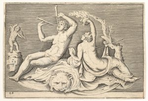 Man spelar två flöjter och kvinna på lejonskinn, publicerad ca. 1599-1622. av Unbekannt