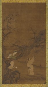 Man och kvinna njuter av plommonblomningar, Ming- eller Qing-dynastin, 1400-1700-talet. av Unbekannt