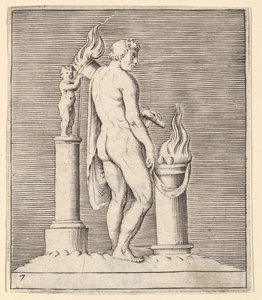 Man med fackla mellan flammande altare och statyett, publicerad ca. 1599-1622. av Unbekannt