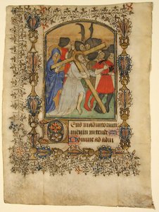 Manuskriptblad från en timbok... Upplyst initial D och Kristus som bär korset, 1390-140 av Unbekannt