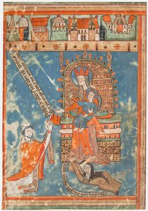 Manuskriptblad med dedikation av en bok till jungfrun, ca. 1400. av Unbekannt