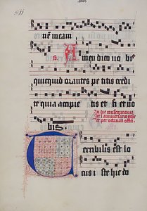 Manuskriptblad med initial T, från ett gradvis, tyskt, andra kvartalet 1400-tal. av Unbekannt