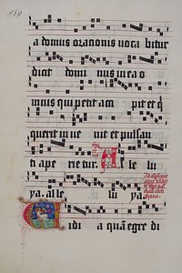 Manuskriptblad med initial V, från ett gradvis, tyskt, andra kvartalet 1400-tal. av Unbekannt