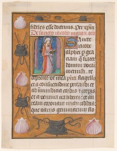 Manuskriptblad med den helige Jakob den större, från en timbok, ca. 1500. av Unbekannt