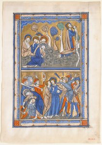 Manuskriptblad med smärtan i trädgården och Kristi svek, från en kunglig psalter, ca. 1270. av Unbekannt