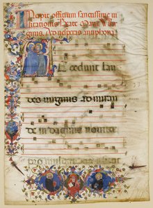 Manuskriptblad med visitationen i en initial A och kardinal Adam Easton..., italienska, ca. 1400. av Unbekannt