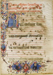 Manuskriptblad med visitationen i en initial A och kardinal Adam Easton..., ca. 1400. av Unbekannt